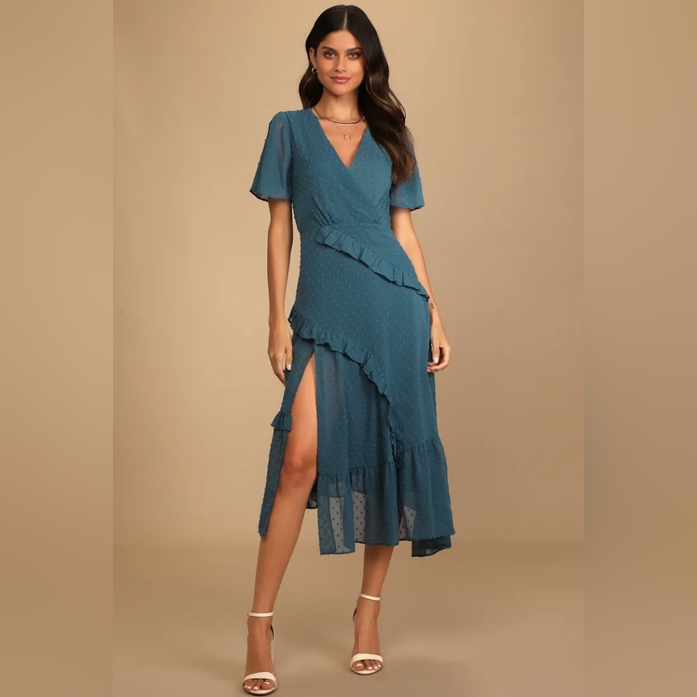 Elegant Slate Blue Swiss Dot Ruffled Midi Dress